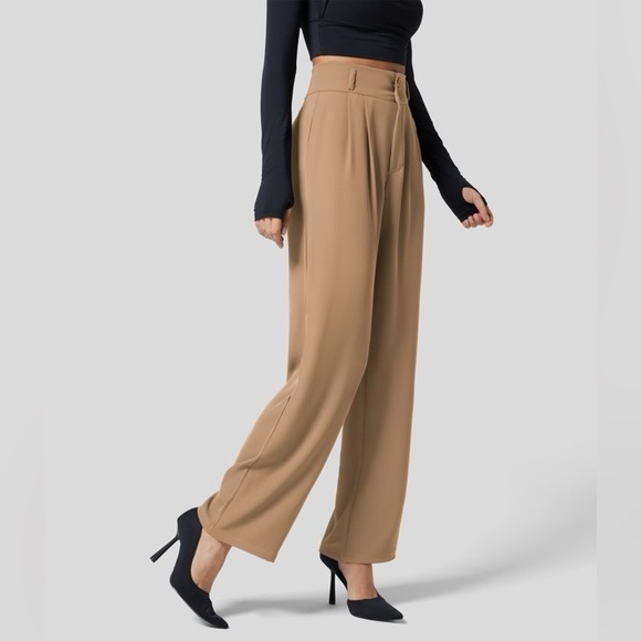 Halara High Waisted Button Zipper Side Pocket Shirred Straight Leg Work Pants - Picture 3 of 5